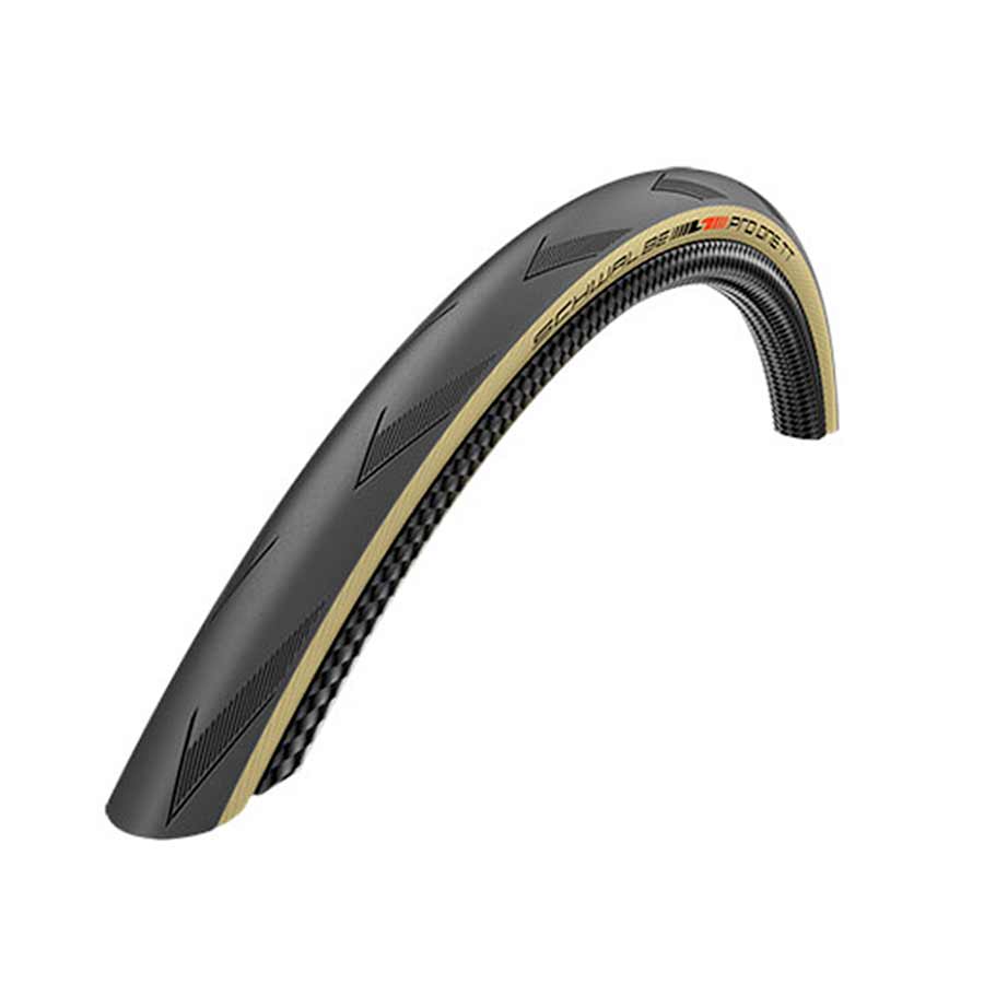 Schwalbe Pro One TT folding tubeless-ready road tire with tanwall sidewall, lightweight and smooth tread design.