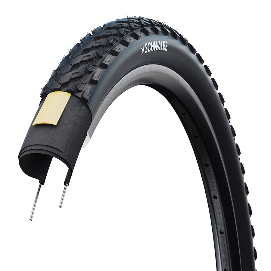 Schwalbe Motion Land Cruiser tire, wire clincher design, black cargo and urban bike tire with textured tread for city riding.