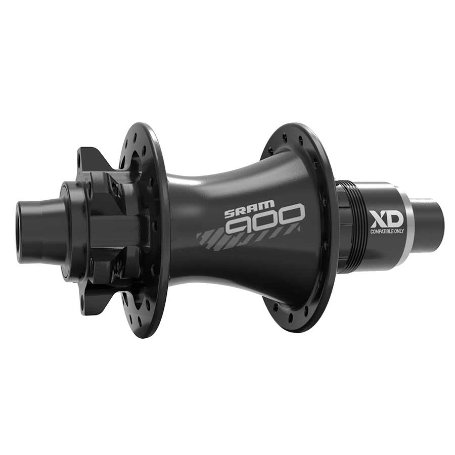 Black SRAM 900 Disc Hub for bicycle wheels, showing the sleek hub with disc brake compatibility and detailed components.
