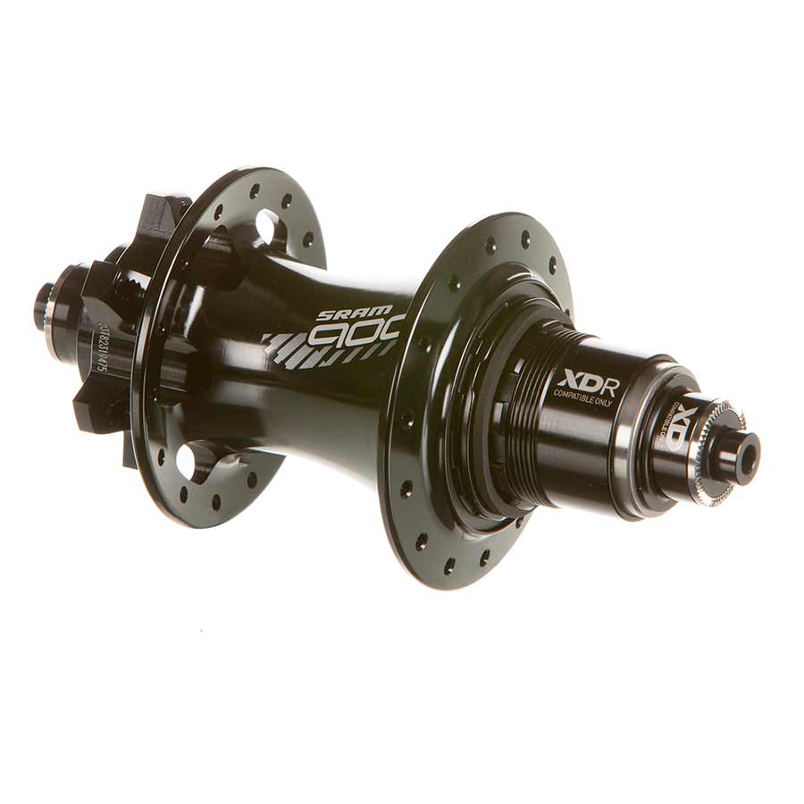 Black SRAM 900 Disc Hub for bike wheels, showing the hub's detailed design and branding on a clean background.