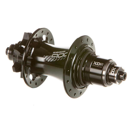 Black SRAM 900 Disc Hub for bike wheels, showing the hub's detailed design and branding on a clean background.