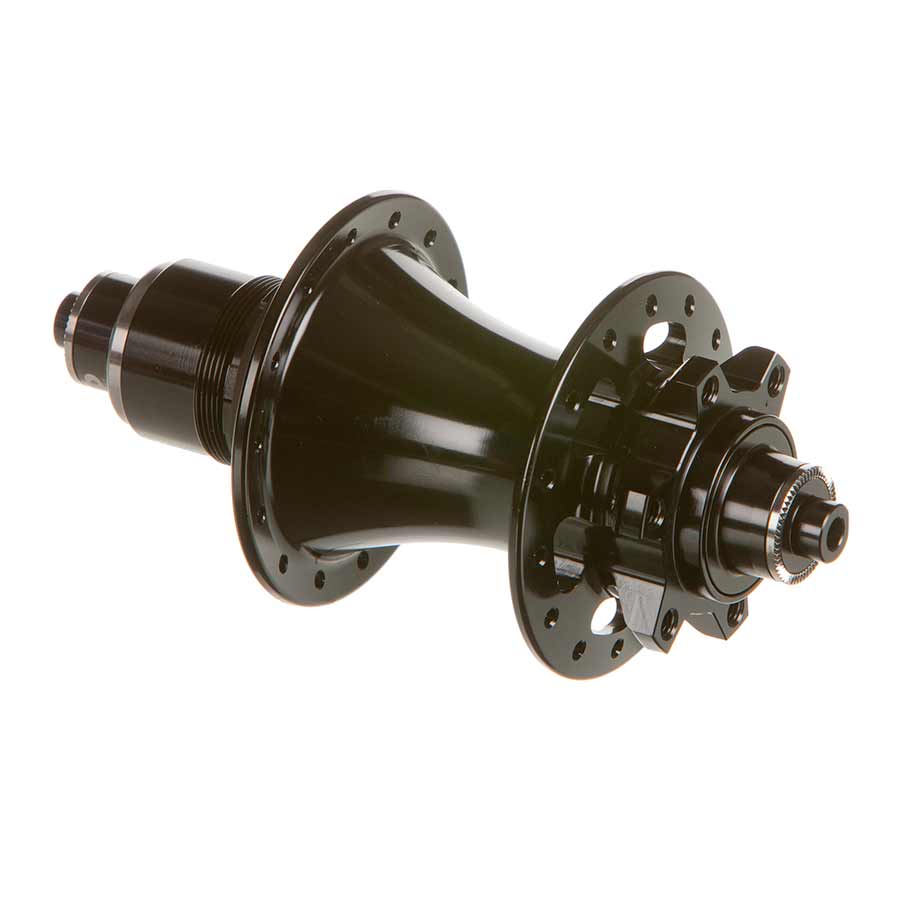 Black SRAM 900 Disc Hub for bicycle wheels, featuring durable construction and precise threading, shown in close-up view.