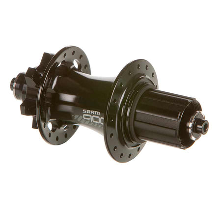 Black SRAM 900 Disc Hub for bicycle wheels, showcasing the durable hub with disc brake mount and precise machining details.