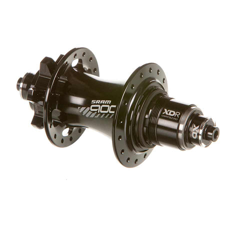 Black SRAM 900 Disc Hub for bicycles, showing the detailed design and branding on the hub in a close-up shot.