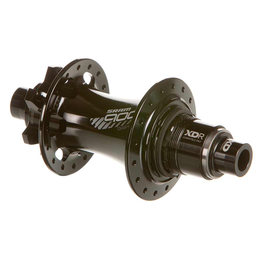 Black SRAM 900 Disc Hub for bicycle wheels, featuring durable construction and precise threading.