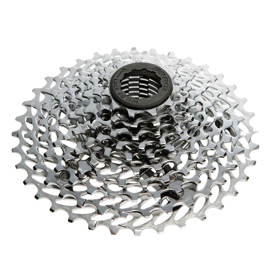 SRAM PG-1130 cassette with multiple steel cogs for mountain bike gearing, shown in close-up against a neutral background.