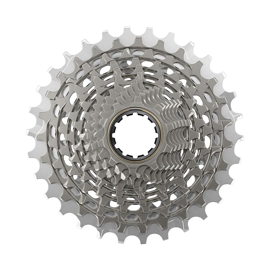 SRAM XG-1290 E1 cassette with multiple cogs for high-performance bike gearing, shown in a close-up image.