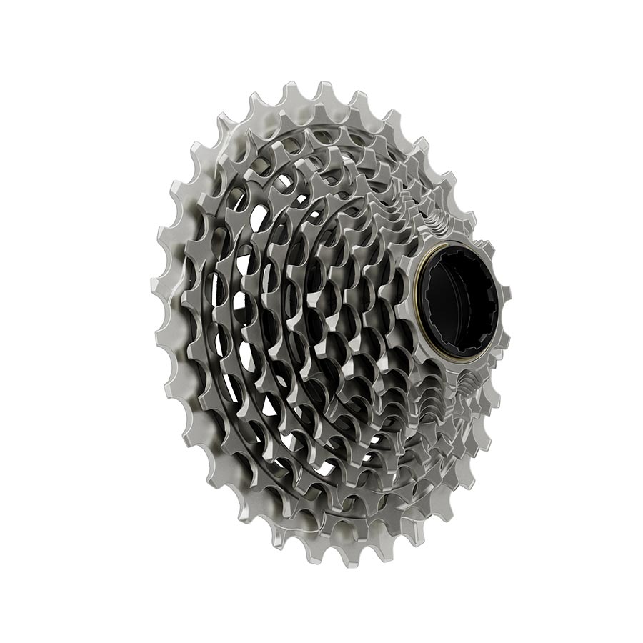 SRAM XG-1290 E1 cassette with multiple cogs, shown in a close-up view, designed for high-performance mountain bike gearing.