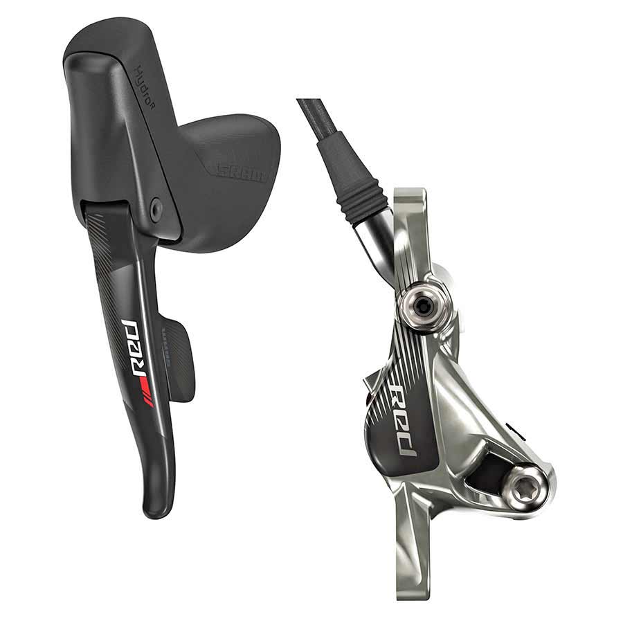 SRAM red rear hydraulic disc brake for 11-speed flat mount bikes, pre-assembled with red caliper and disc rotor visible in the image.
