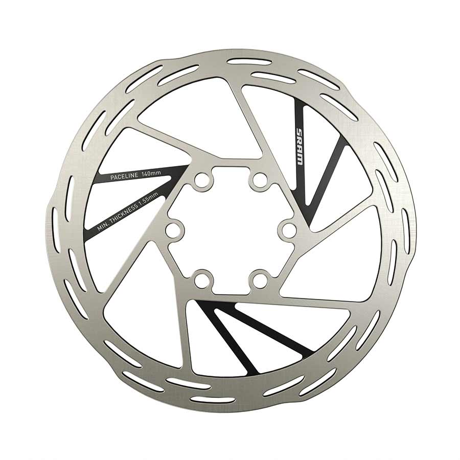 SRAM Paceline 6-bolt brake rotor for mountain bikes, showing the metallic disc with six mounting bolt holes.