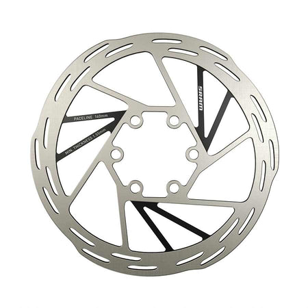 SRAM Paceline 6-bolt brake rotor for mountain bikes, showing the metallic disc with six mounting bolt holes.