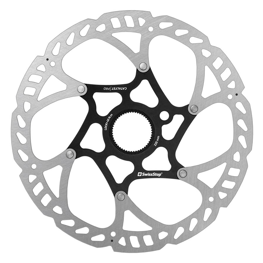 SwissStop Catalyst Pro Centerlock brake rotor for high-performance cycling, showing the ventilated metallic disc with centerlock hub.