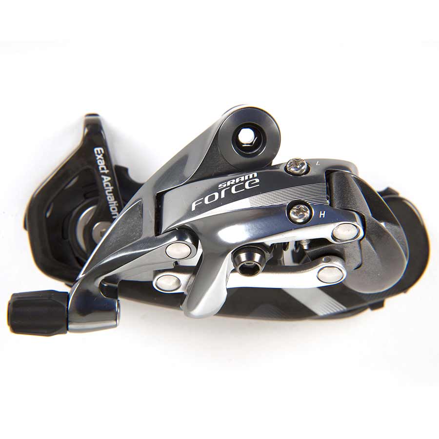 SRAM Force22 11-speed rear derailleur with WiFli cage mounted on a bike drivetrain component.