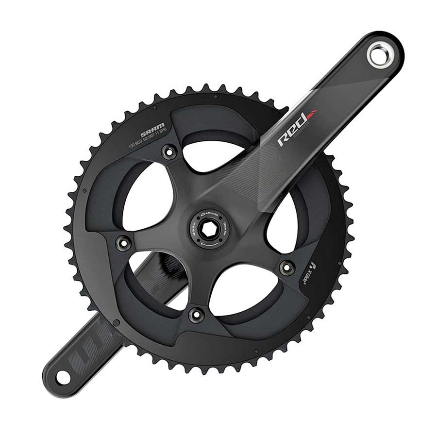 SRAM red crankset with black arms, featuring a sleek design and durable construction for high-performance cycling.