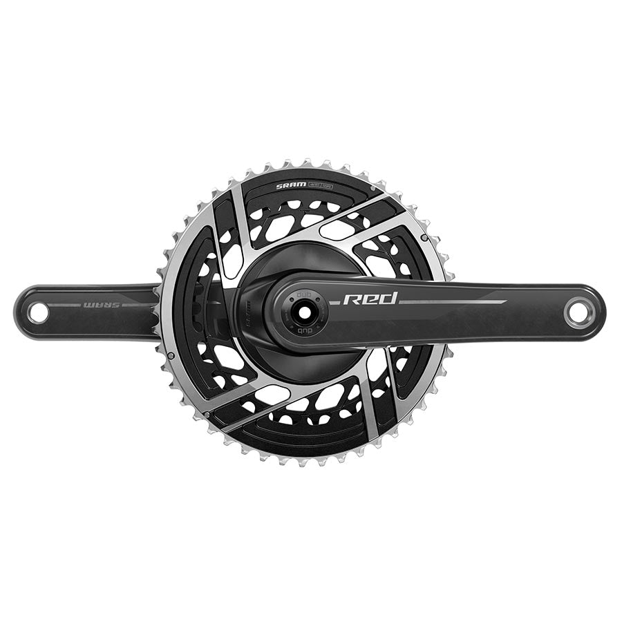 SRAM Red DUB 2x E1 crankset in black, showcasing the lightweight aluminum crank arms and chainring for high-performance cycling.