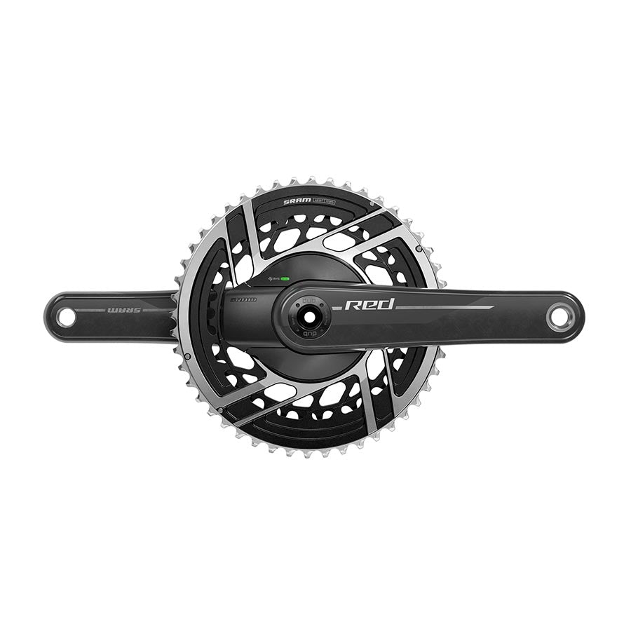 SRAM Red AXS 2x Power Meter E1 Crankset in black, showing the crank arms with integrated power measurement hardware.