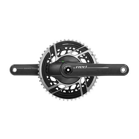 SRAM Red AXS 2x Power Meter E1 Crankset in black showing crank arms and chainring for cycling power measurement