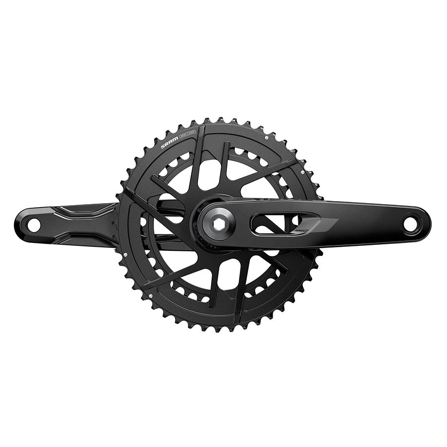 SRAM Rival 2x E1 crankset in black, bicycle crankset with two chainrings and crank arms, designed for road bikes.