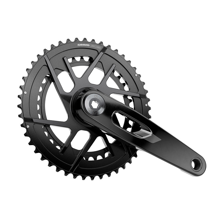 SRAM Rival 2x E1 crankset in black with double chainrings, lightweight bike crankarms for road or gravel cycling.
