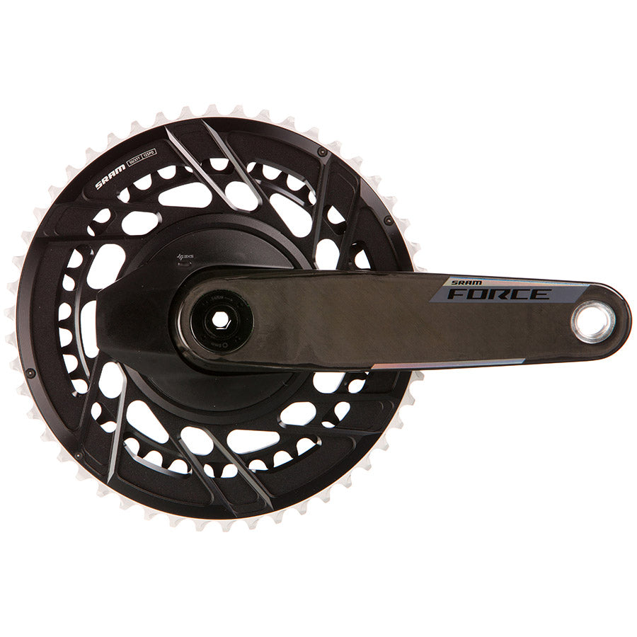 SRAM Force 2x Powermeter E1 Crankset in black with integrated power measurement sensors, designed for road bikes.