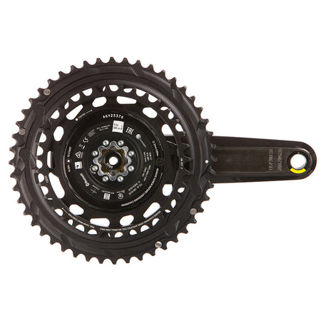 SRAM Force 2x Powermeter E1 Crankset in black, showing the crank arms and integrated power measurement system for cycling performance.