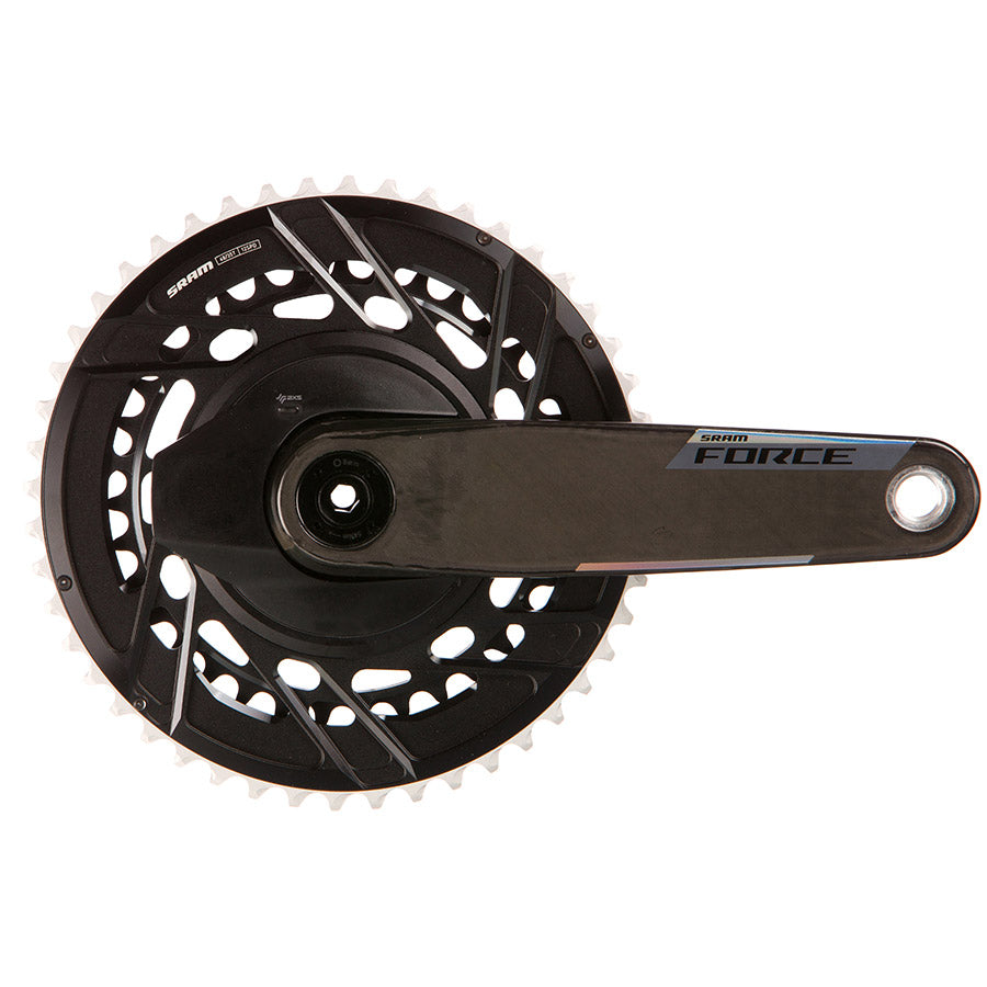 SRAM Force 2x Powermeter E1 crankset in black showing dual chainrings and integrated power meter on a cycling bike