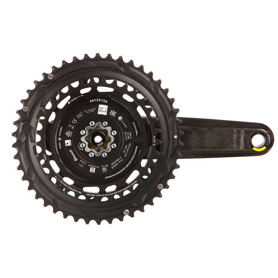 SRAM Force 2x Powermeter E1 crankset in black with integrated power measurement sensors and crank arms displayed clearly.