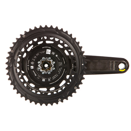 SRAM Force 2x Powermeter E1 crankset in black with integrated power measurement sensors and crank arms displayed clearly.