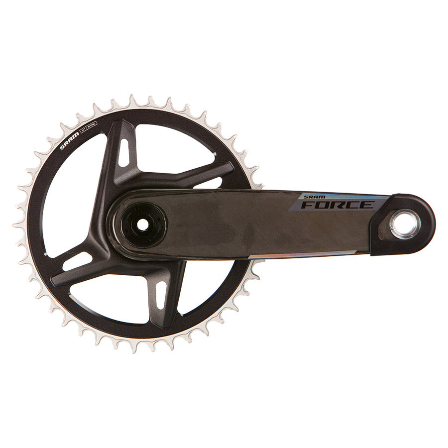 SRAM Force 1x XPLR Powermeter E1 crankset in black, showing the crank arms and integrated power measurement system.