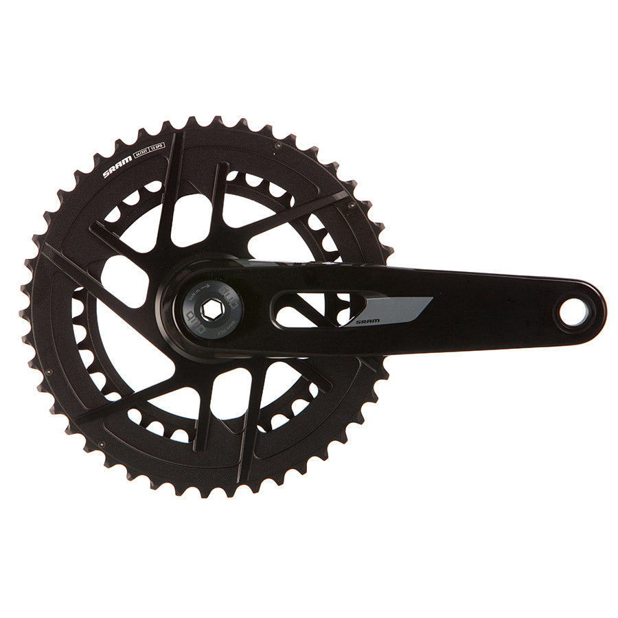 SRAM Rival 2x Powermeter E1 crankset in black, showing the dual-sided power measurement crankset for cycling performance.