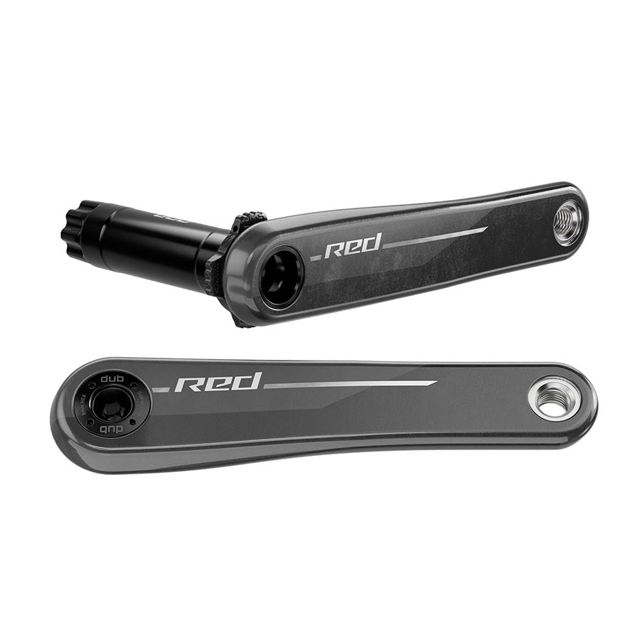 SRAM Red Wide E1 crankset in black with red accents, featuring sleek design and high-performance cycling components.