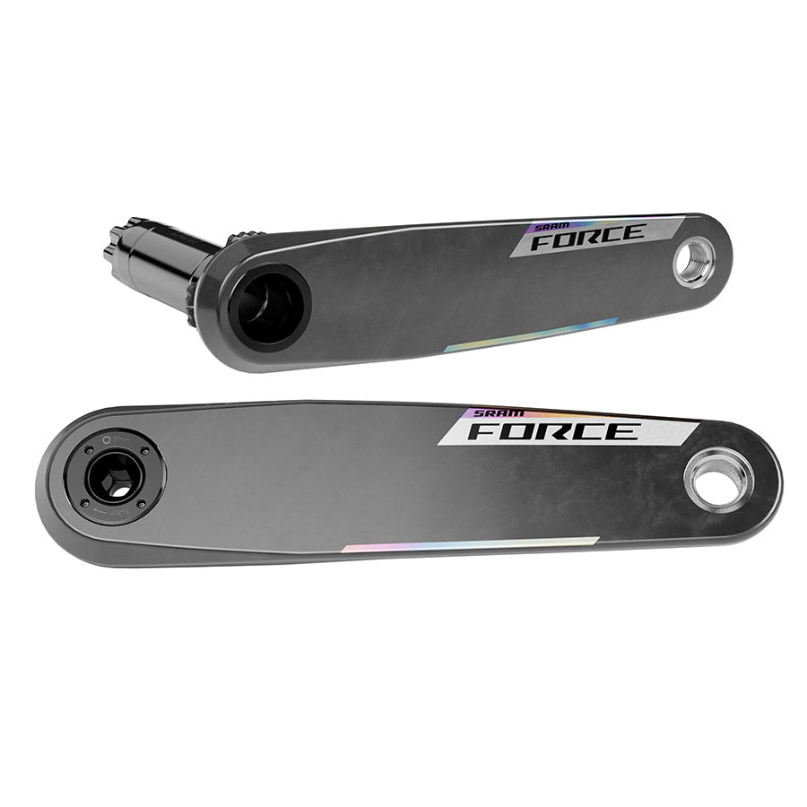 Black SRAM Force E1 crank arm assembly for cranksets, showing close-up of the bicycle crank arm with logo and mounting details.
