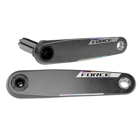Black SRAM Force E1 crank arm assembly for cranksets, showing close-up of the bicycle crank arm with logo and mounting details.