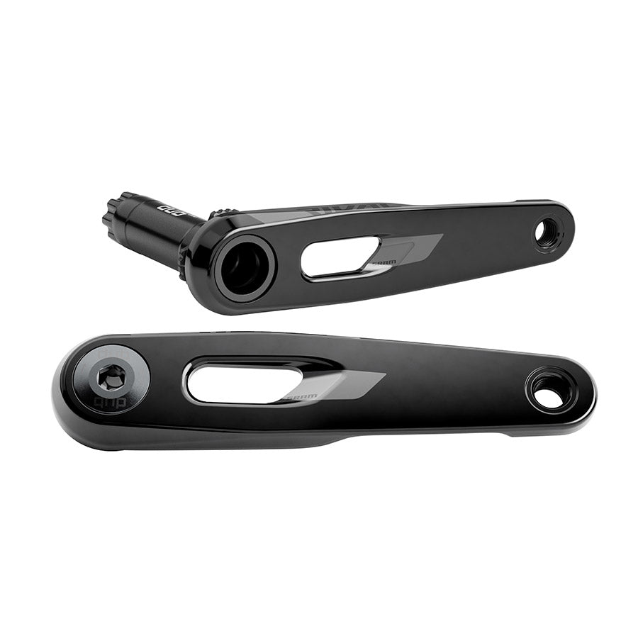 SRAM Rival E1 crank arm assembly in black, part of SRAM's cranksets, featuring a close-up view of the crank arm design.
