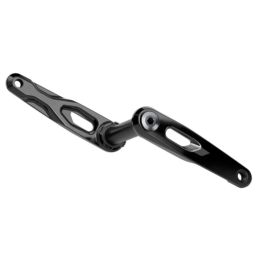 SRAM Rival XPLR E1 black crank arm assembly for cranksets, showing close-up of the black crank arm with branding details.