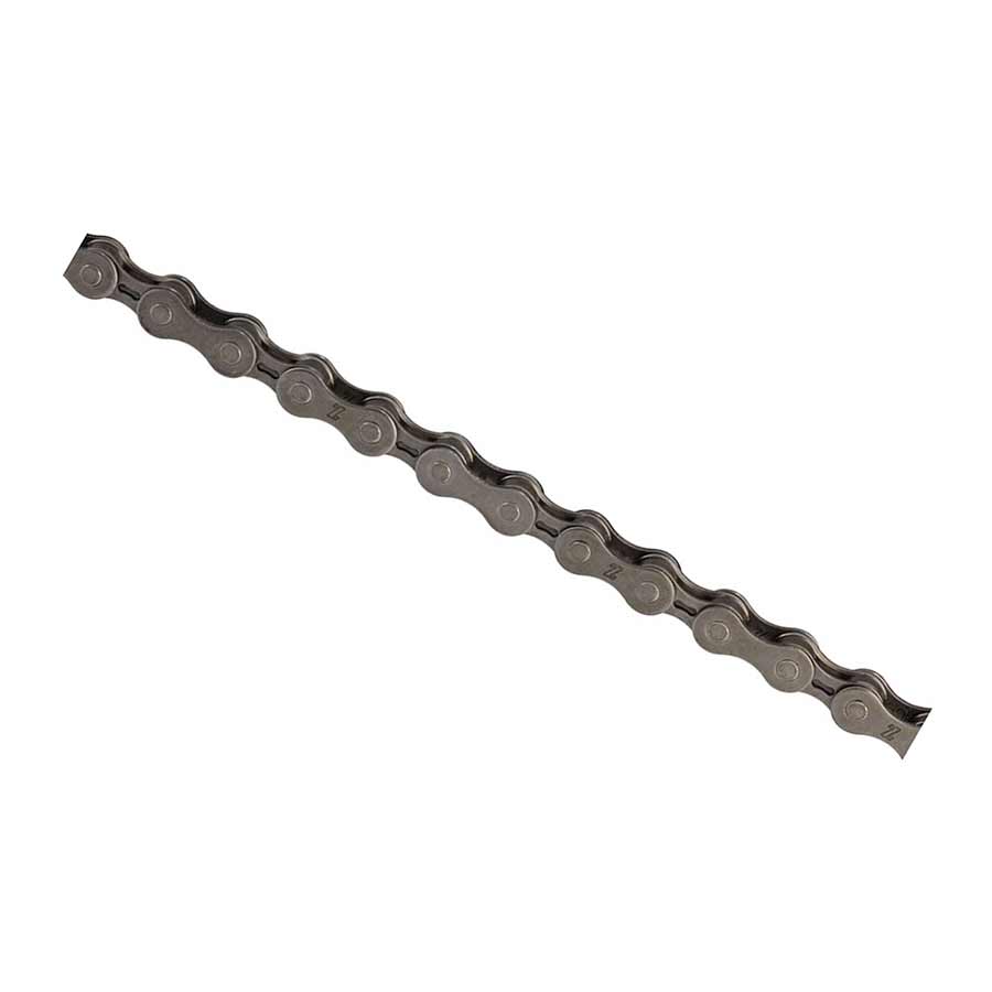 KMC Z6 bicycle chain with silver links, close-up view showing detailed metal construction and link design.
