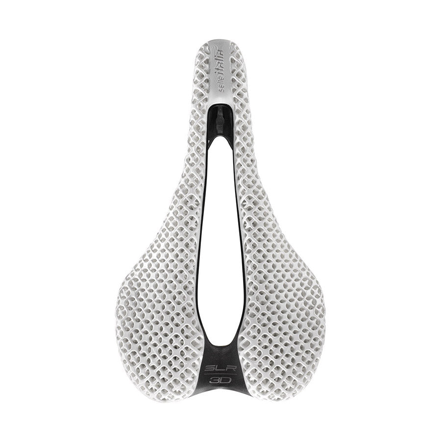 White Selle Italia SLR 3D Boost Superflow saddle for bicycles, showcasing its ergonomic design and sleek white finish.