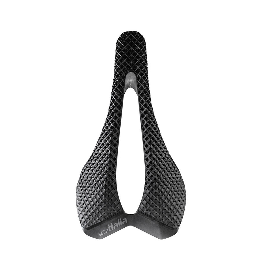 Black Selle Italia SLR 3D Carbon Superflow saddle with ergonomic design and lightweight carbon construction for cycling comfort