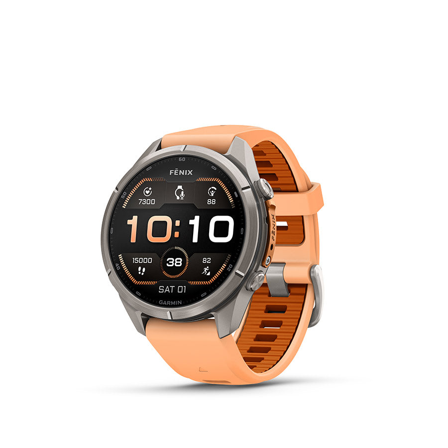 Garmin Fenix 9 Pro 43mm cycling computer displaying GPS map and performance metrics on a smartwatch screen.