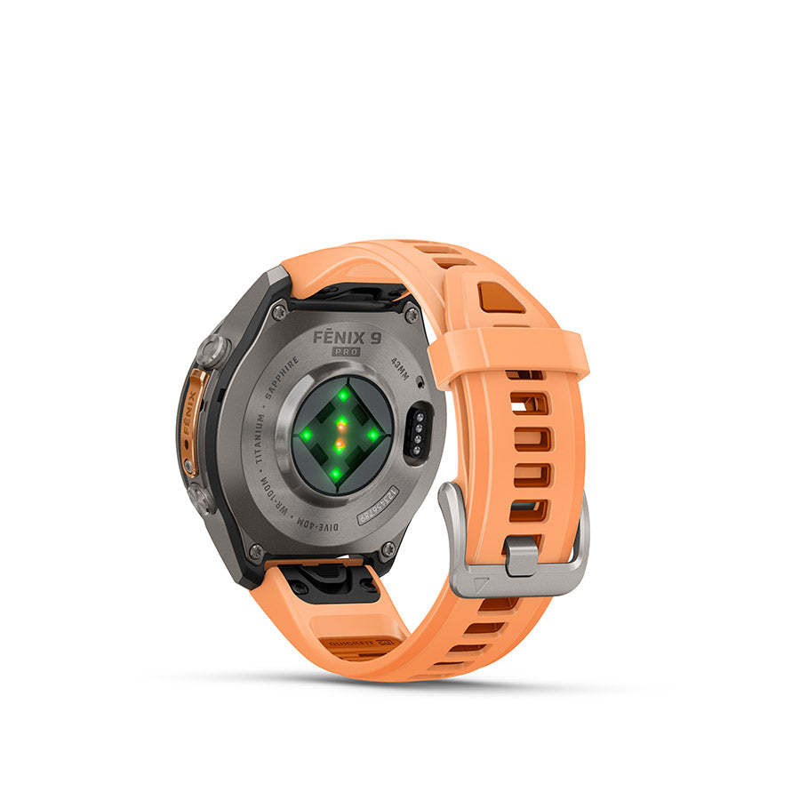 Garmin Fenix 9 Pro 43mm cycling computer with GPS display and outdoor tracking features.