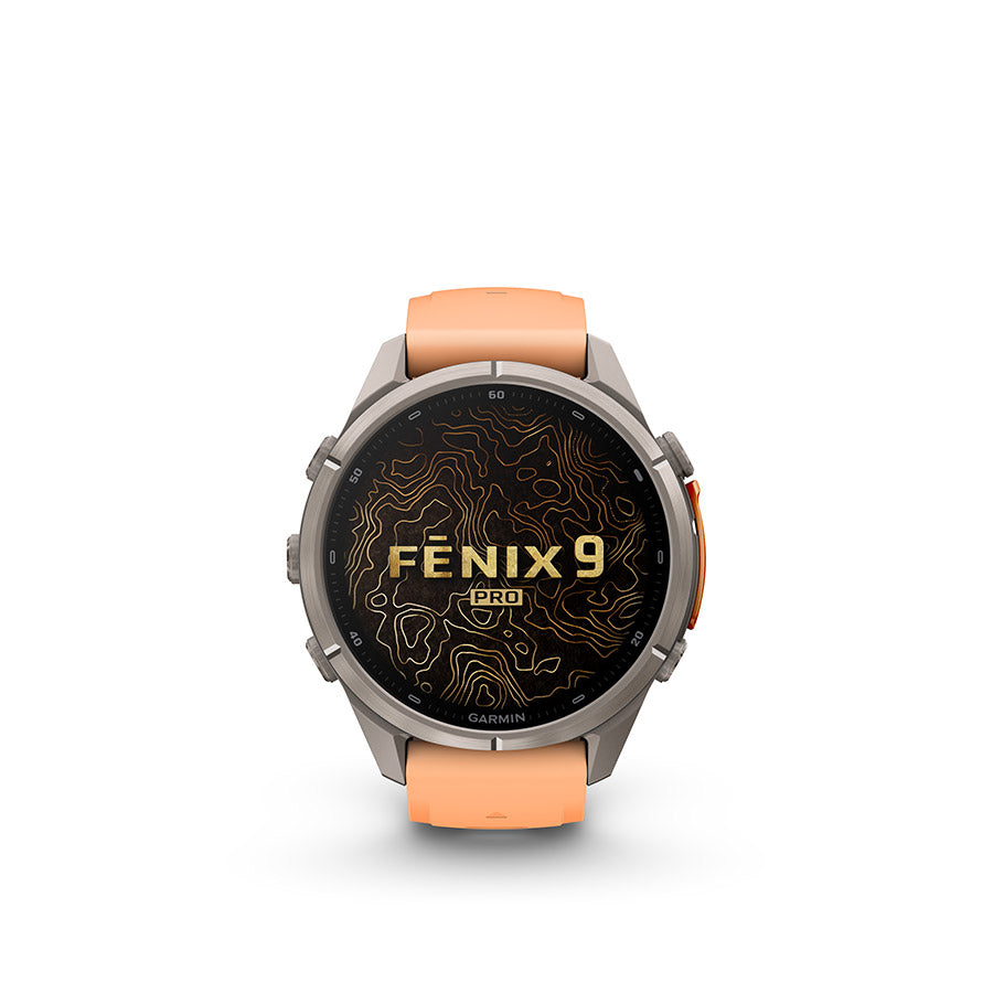 Garmin Fenix 9 Pro 43mm cycling computer with digital display and multiple tracking features, designed for outdoor cycling.