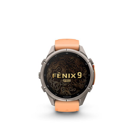 Garmin Fenix 9 Pro 43mm cycling computer with digital display and multiple tracking features, designed for outdoor cycling.