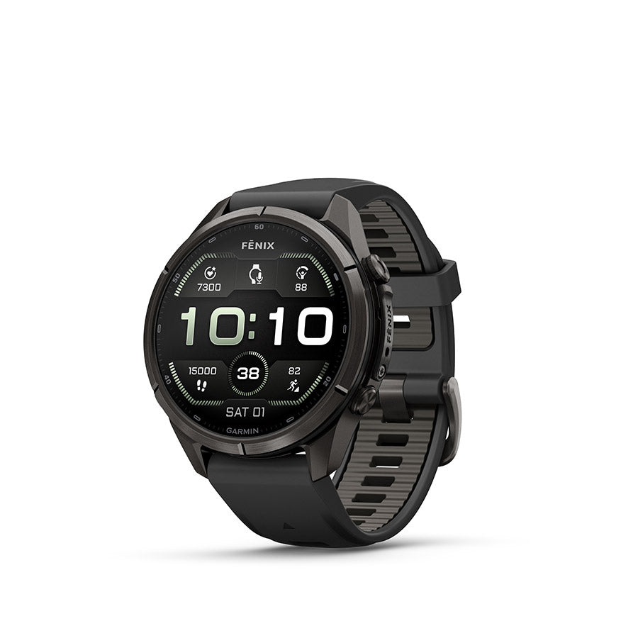 Garmin Fenix 9 Pro 43mm cycling computer display showing GPS navigation and activity tracking features.