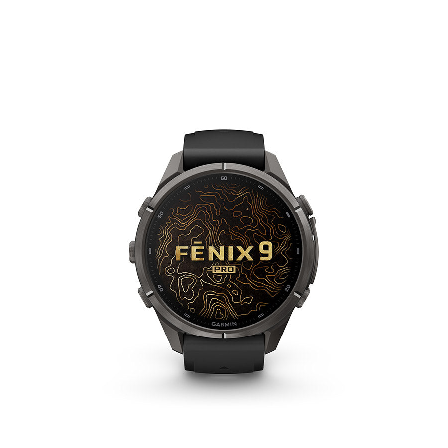 Garmin Fenix 9 Pro 43mm cycling computer with GPS display and fitness tracking features.