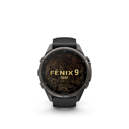 Garmin Fenix 9 Pro 43mm cycling computer with GPS display and fitness tracking features.