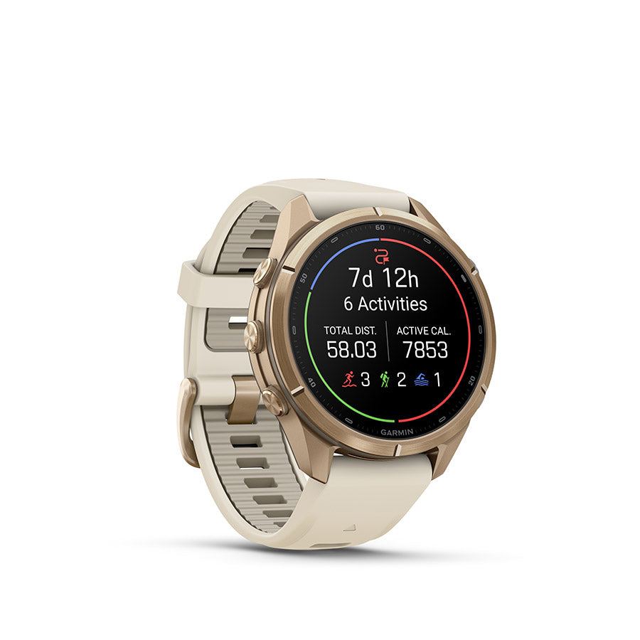 Garmin Fenix 9 Pro 43mm cycling computer showing GPS map and cycling metrics on its display.