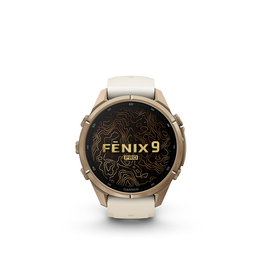 Garmin Fenix 9 Pro 43mm cycling computer with touchscreen display and GPS tracking on a white background.