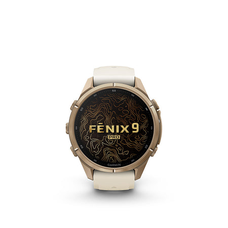 Garmin Fenix 9 Pro 43mm cycling computer with touchscreen display and GPS tracking on a white background.