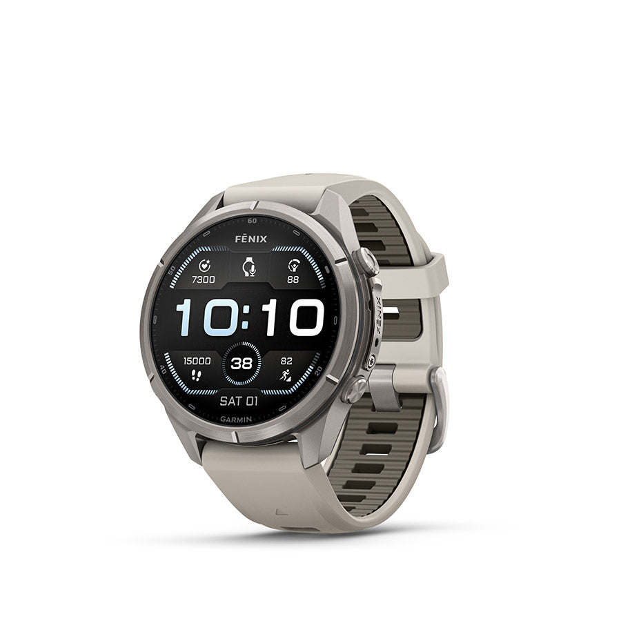 Garmin Fenix 9 Pro 43mm cycling computer with digital display, buttons, and sleek design for outdoor biking activities.