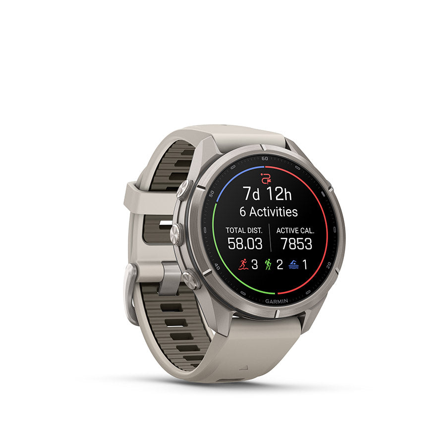 Garmin Fenix 9 Pro 43mm cycling computer with GPS and sports tracking features on a display screen.